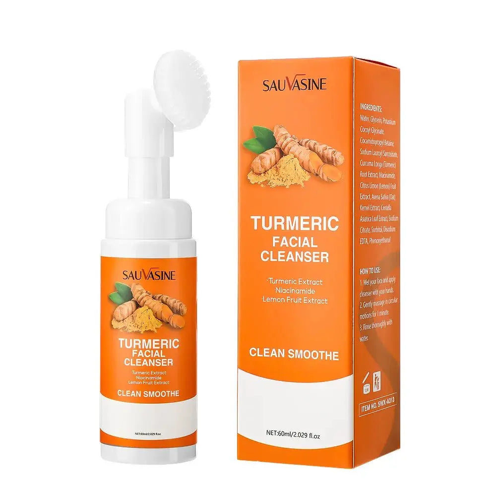 Turmeric Cleanser Moisturize Facial Brightening Skin Tone Daily Face Wash Foam with Brush Skin Care Clean Lemon Fruit Extract - VIRALUXE